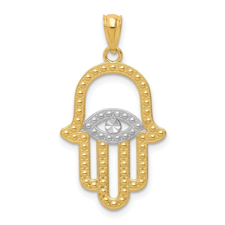 14K Yellow Gold Rhodium Polished Texture Finish Solid Hamsa Pendant