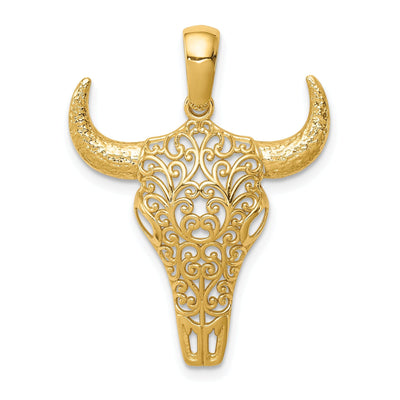14K Yellow Gold Open Back Polished Finish Filigree Design Steer Skull with Horns Charm Pendant