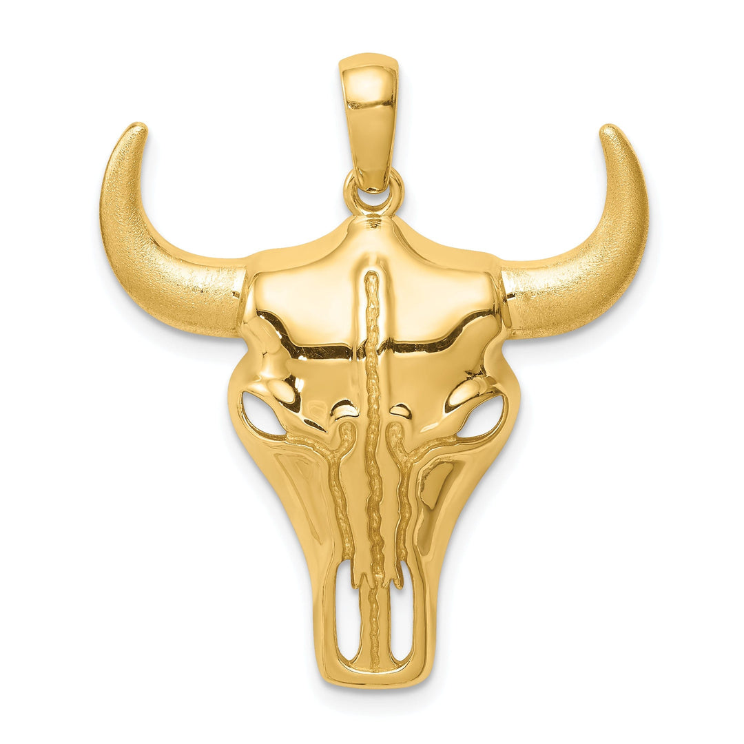 14K Yellow Gold Concaved Shape Polished Finish Steer Skull with Horns Charm Pendant