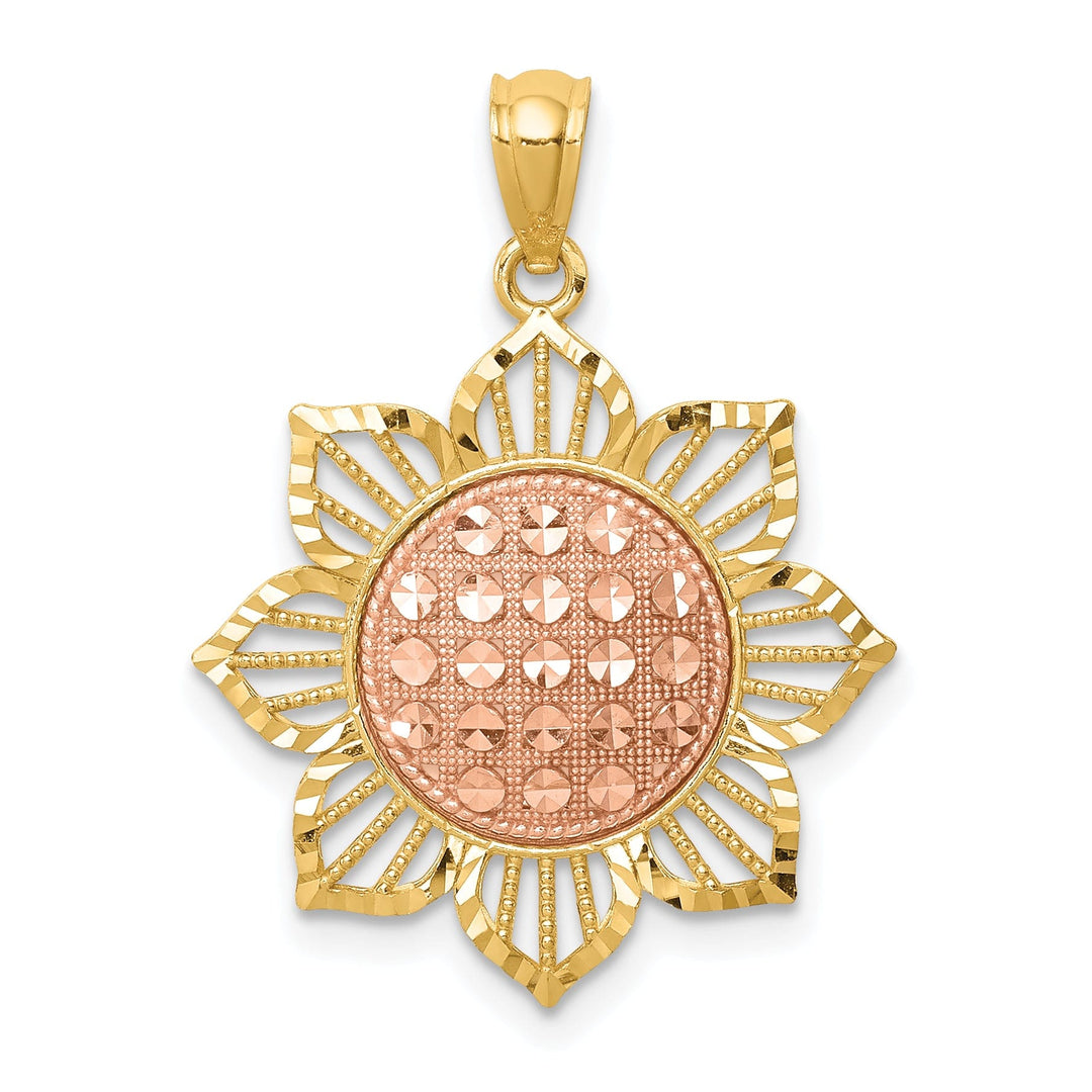 14K Two-Tone Gold Solid Polished Finish Diamond-cut Sunflower Charm Pendant