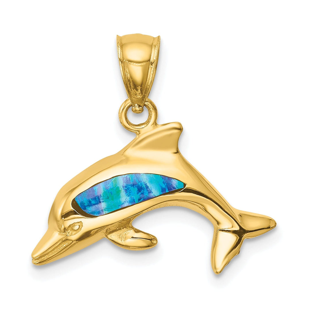 14K Yellow Gold Solid Polished Finish Lab Created Opal Dolphin Charm Pendant