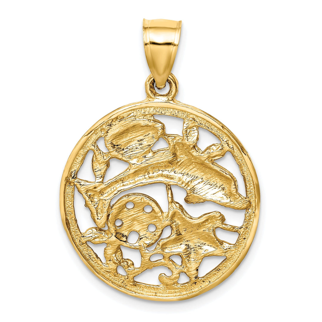 14k Yellow Gold Casted Solid Diamond-cut Dolphin and Shells Circle Polished Finish Charm Pendant
