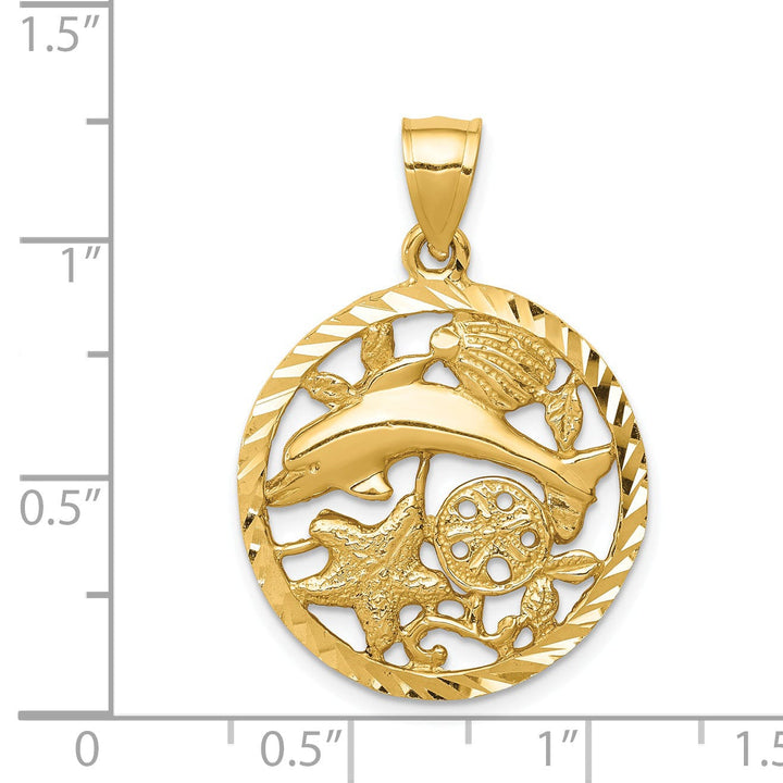 14k Yellow Gold Casted Solid Diamond-cut Dolphin and Shells Circle Polished Finish Charm Pendant