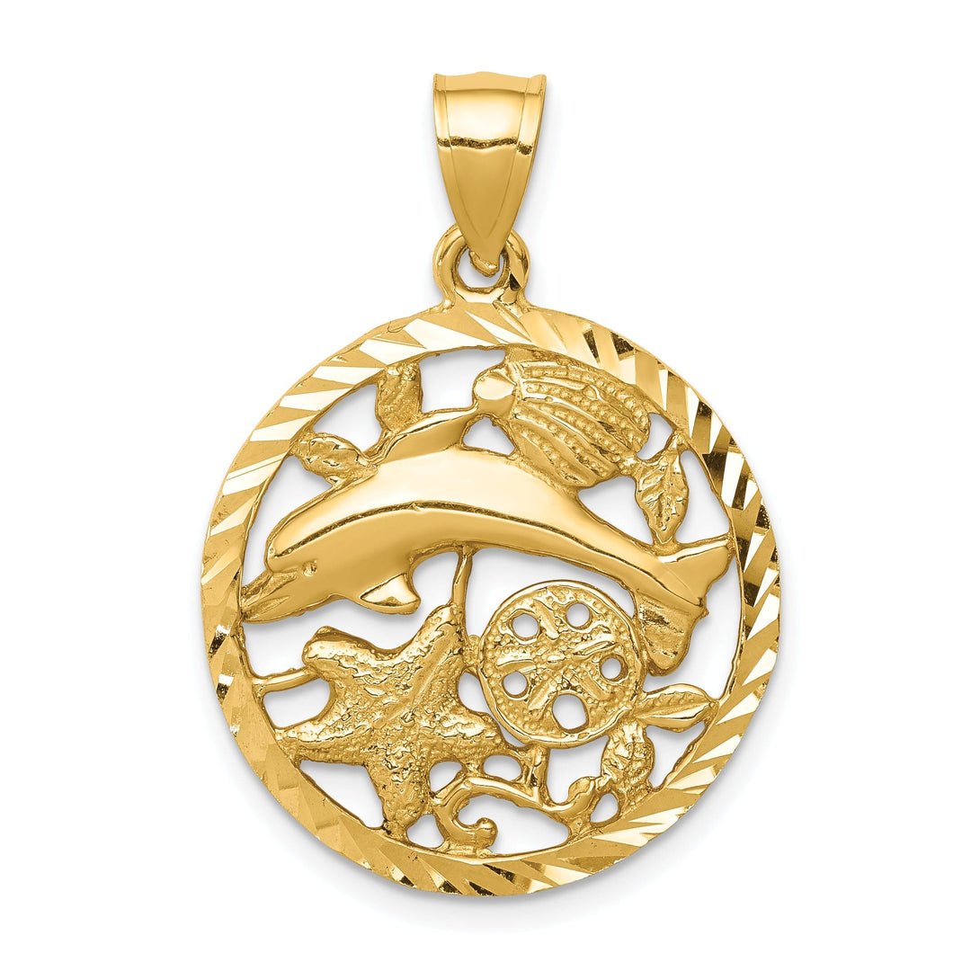 14k Yellow Gold Casted Solid Diamond-cut Dolphin and Shells Circle Polished Finish Charm Pendant