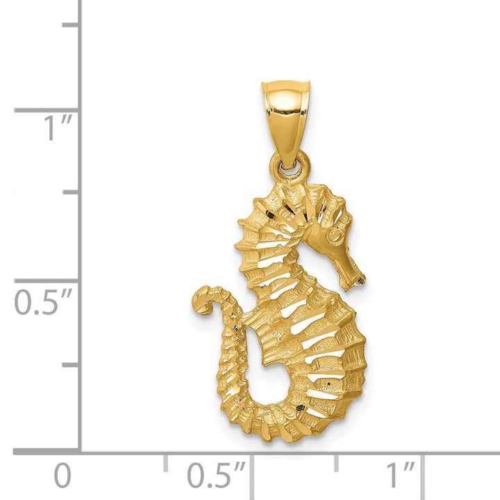14K Yellow Gold Solid Polished Diamond Cut Finish Seahorse Charm Pendant