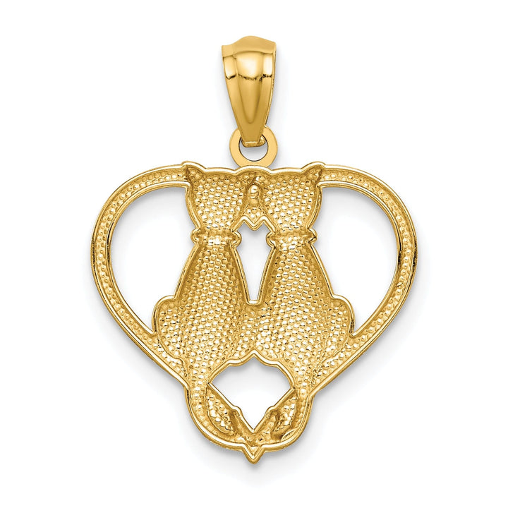 14k Yellow Gold Solid Polished Textured Finish Two Sitting Cats in Heart Shape Design Charm Pendant