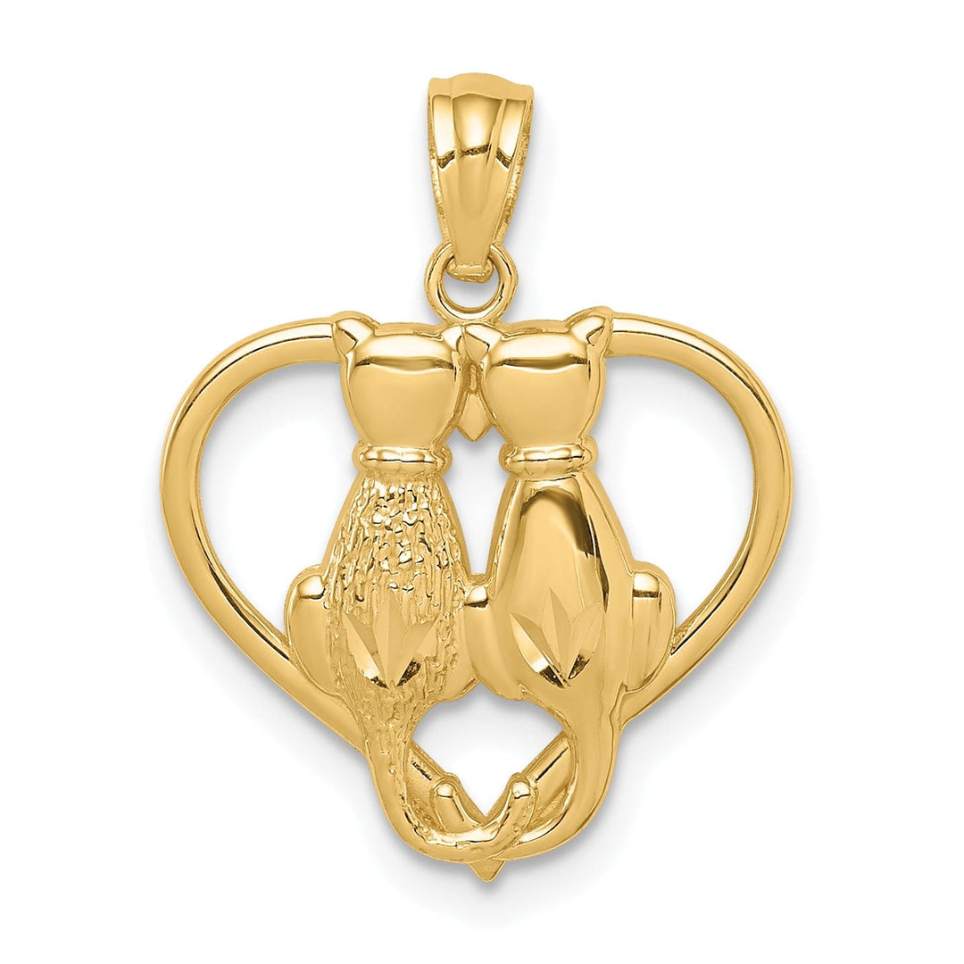 14k Yellow Gold Solid Polished Textured Finish Two Sitting Cats in Heart Shape Design Charm Pendant