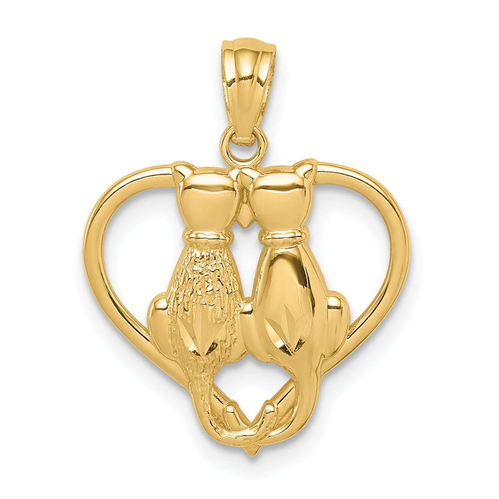 14k Yellow Gold Solid Polished Textured Finish Two Sitting Cats in Heart Shape Design Charm Pendant