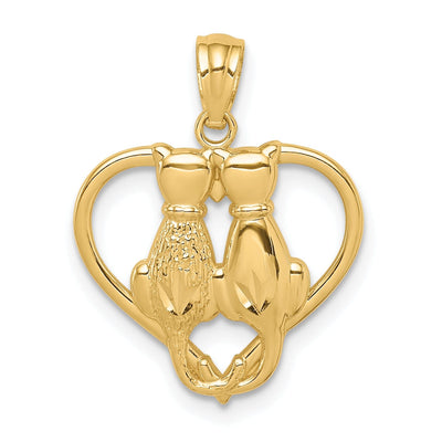 14k Yellow Gold Solid Polished Textured Finish Two Sitting Cats in Heart Shape Design Charm Pendant at $ 89.3 only from Jewelryshopping.com