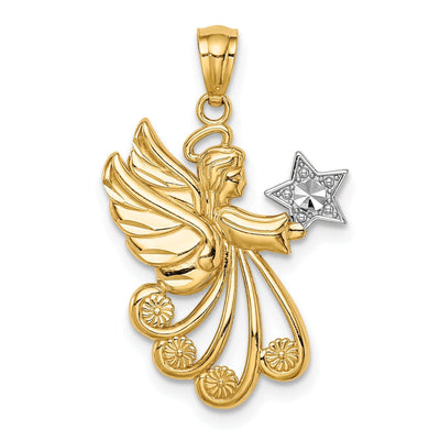 14K Yellow Gold White Rhodium Solid Textured Diamond Cut Polished Finish Angel Holding Star Charm Pendant at $ 122.09 only from Jewelryshopping.com