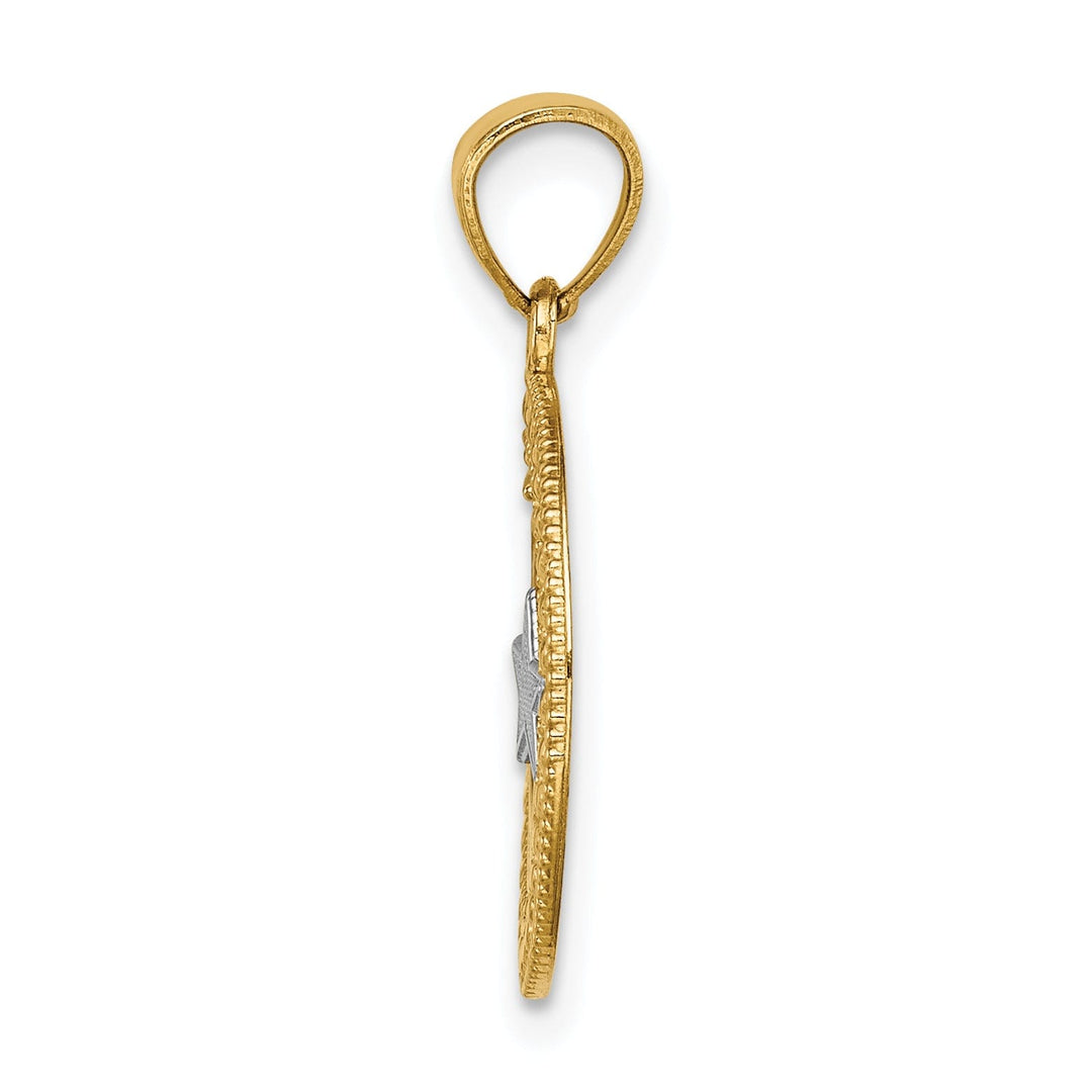 14K Yellow Gold with Rhodium Solid Textured Polished Finish Circle Star & Moon Charm Pendant