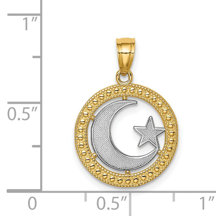 14K Yellow Gold with Rhodium Solid Textured Polished Finish Circle Star & Moon Charm Pendant