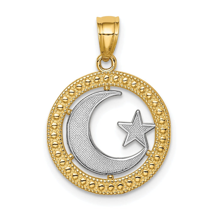 14K Yellow Gold with Rhodium Solid Textured Polished Finish Circle Star & Moon Charm Pendant