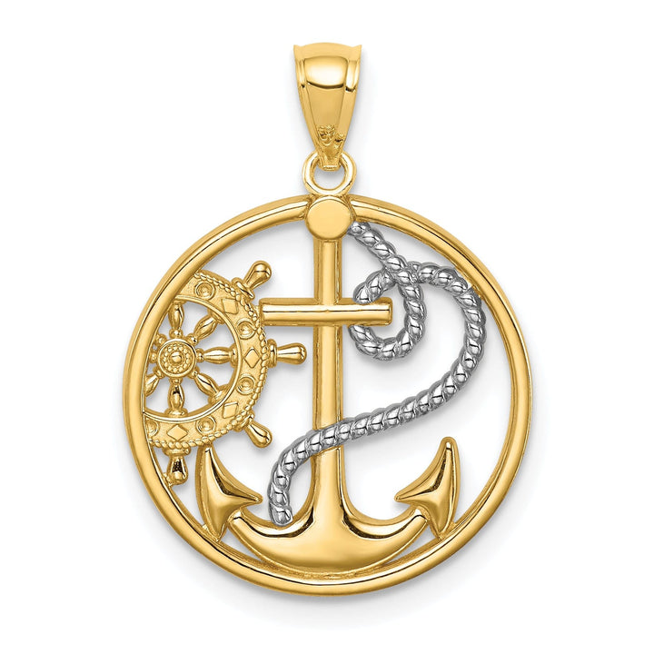 14K Yellow Gold Polish Finish Cross Anchor With Captain Wheel Pendant