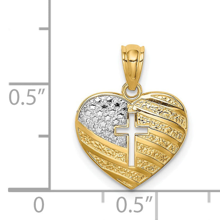 14K White Rhodium USA Flag With Cross Heart Pendant