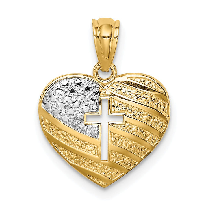 14K White Rhodium USA Flag With Cross Heart Pendant