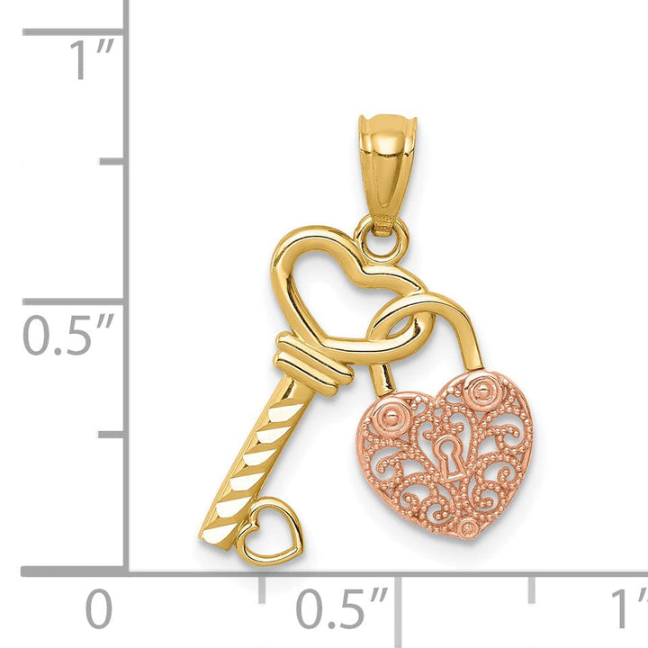 14K Yellow Rose Gold Filigree Heart Lock Design and Key Charm Pendant