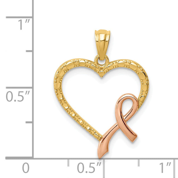 14K Yellow Gold Rose Rhodium Solid Textured Polished Finish Concave Shape Pink Ribbon with Heart Design Charm Pendant