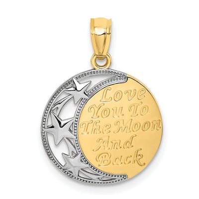 14K Yellow Gold White Rhodium Solid Polished Textured Finish LOVE YOU TO THE MOON AND BACK Discription Moon Design Charm Pendant at $ 106.08 only from Jewelryshopping.com