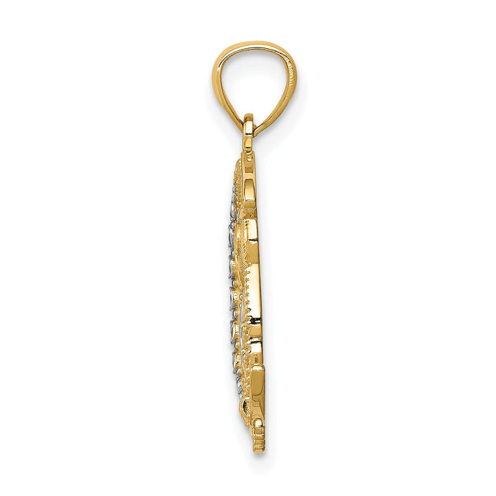 14K Yellow Gold White Rhodium Solid Open Back Diamond Cut Polished Finish Owl on the Moon Charm Pendant