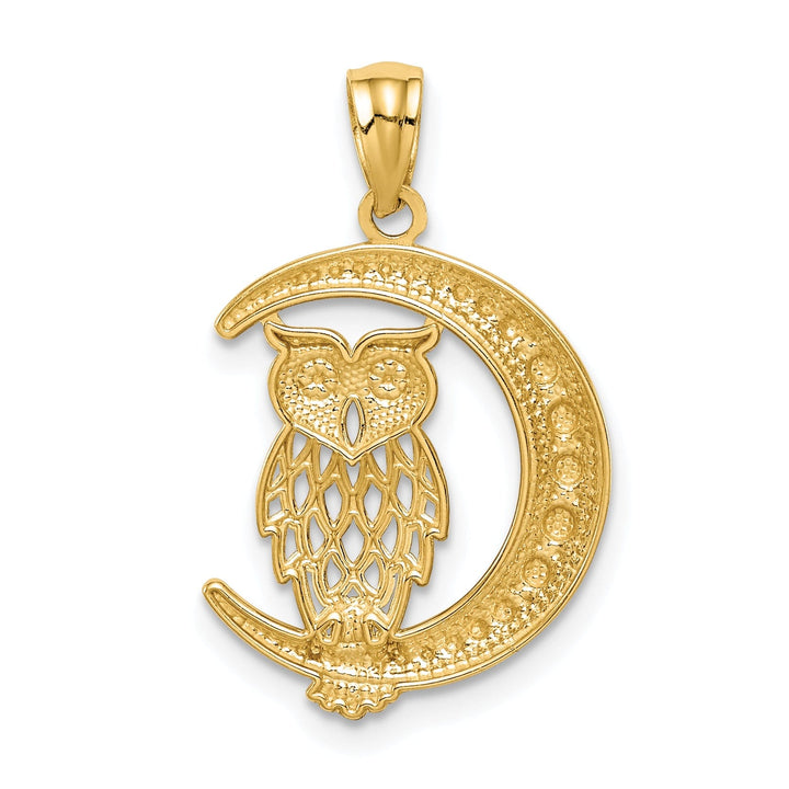 14K Yellow Gold White Rhodium Solid Open Back Diamond Cut Polished Finish Owl on the Moon Charm Pendant