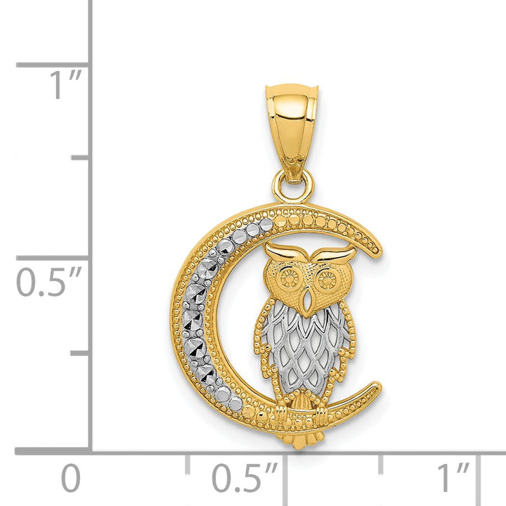 14K Yellow Gold White Rhodium Solid Open Back Diamond Cut Polished Finish Owl on the Moon Charm Pendant