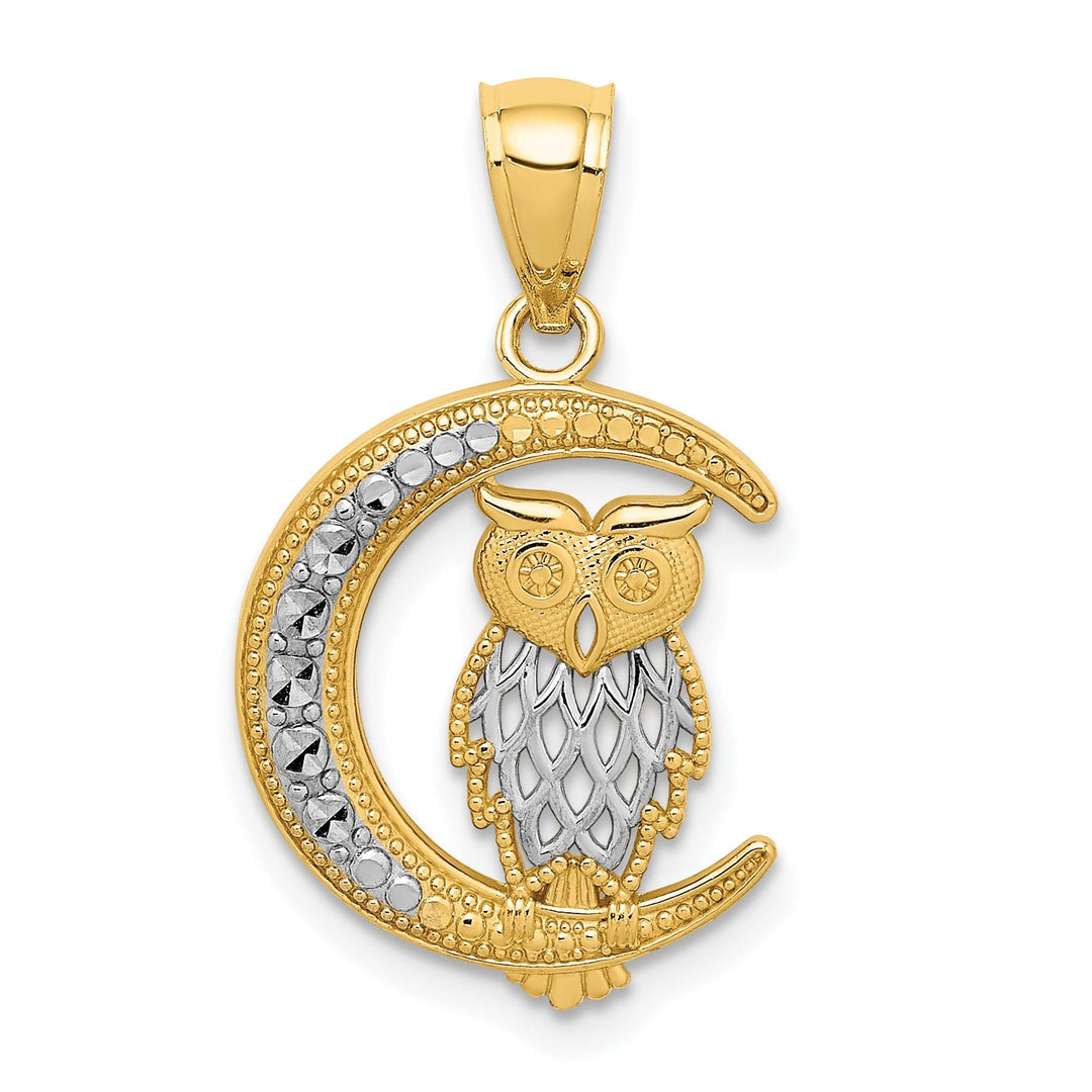 14K Yellow Gold White Rhodium Solid Open Back Diamond Cut Polished Finish Owl on the Moon Charm Pendant