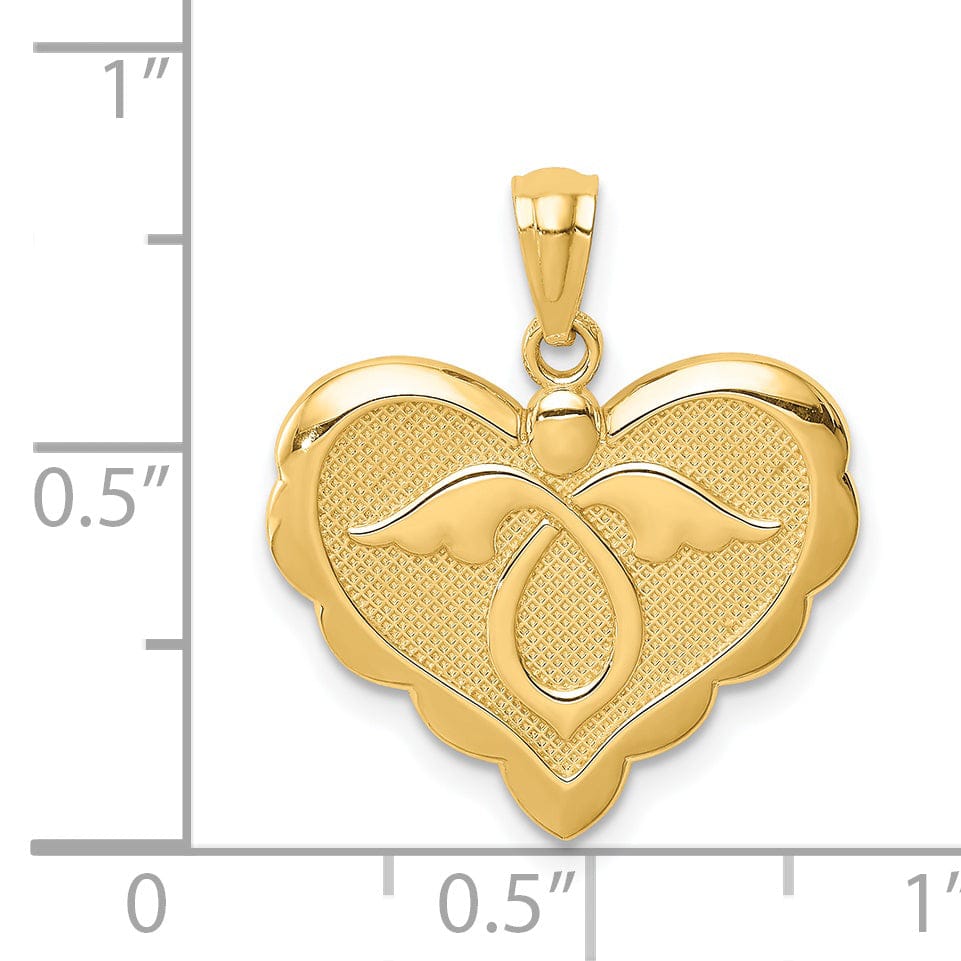 14K Yellow Gold Texture Polished Finish Solid Angel in Heart Pendant