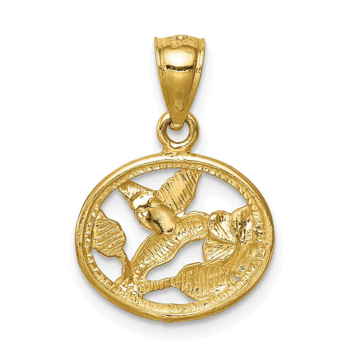 14K Yellow Gold Solid Brushed Diamond Cut Brushed Finish Circle Shape Design Hummingbird Charm Pendant