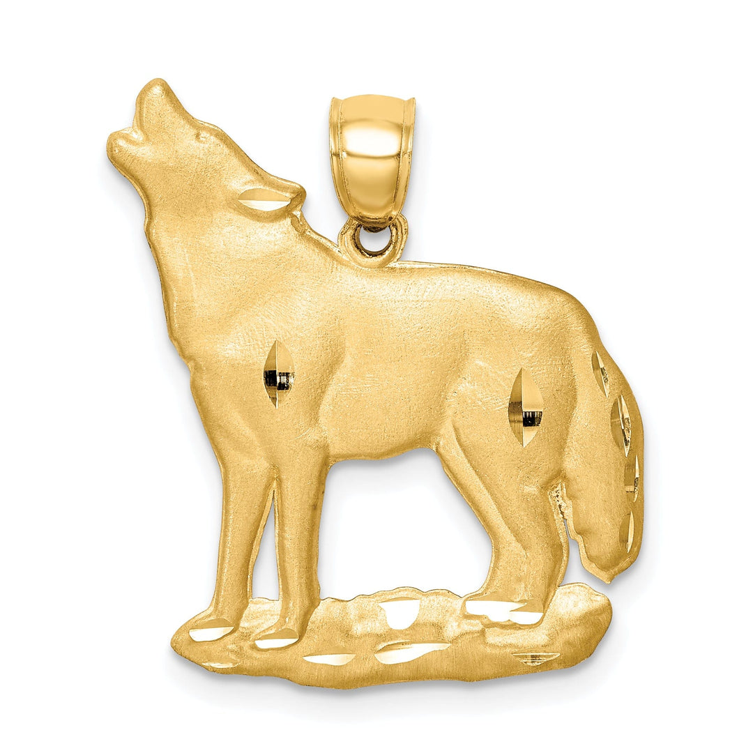 14K Yellow Gold Solid Brushed Diamond Cut Finish Wolf Howling Design Charm Pendant