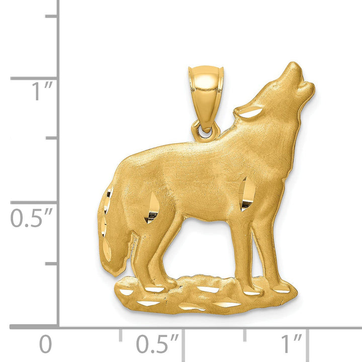 14K Yellow Gold Solid Brushed Diamond Cut Finish Wolf Howling Design Charm Pendant