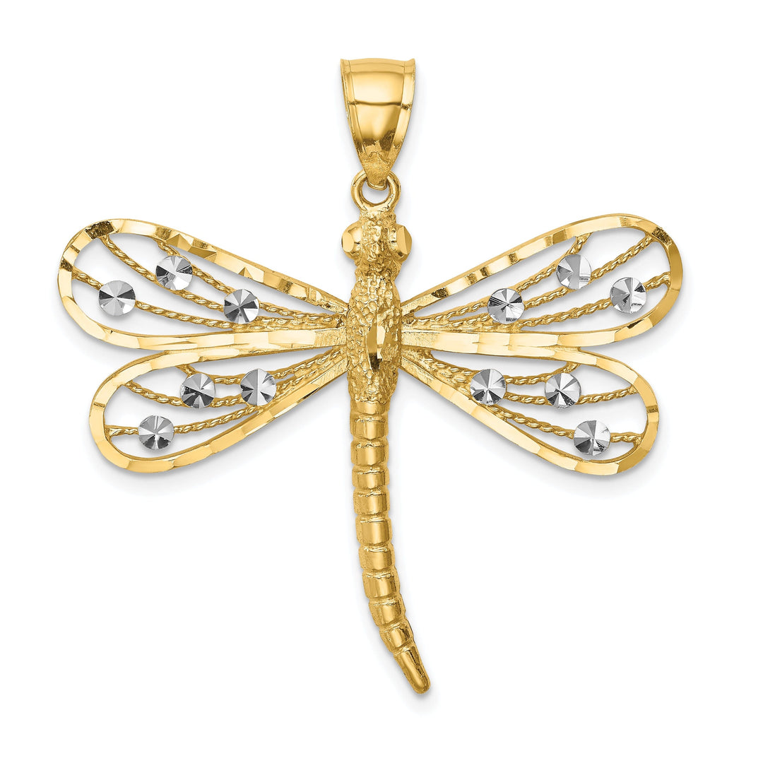 14k Yellow Gold White Rhodium Solid Diamond Cut Polished Finish Dragonfly Charm Pendant