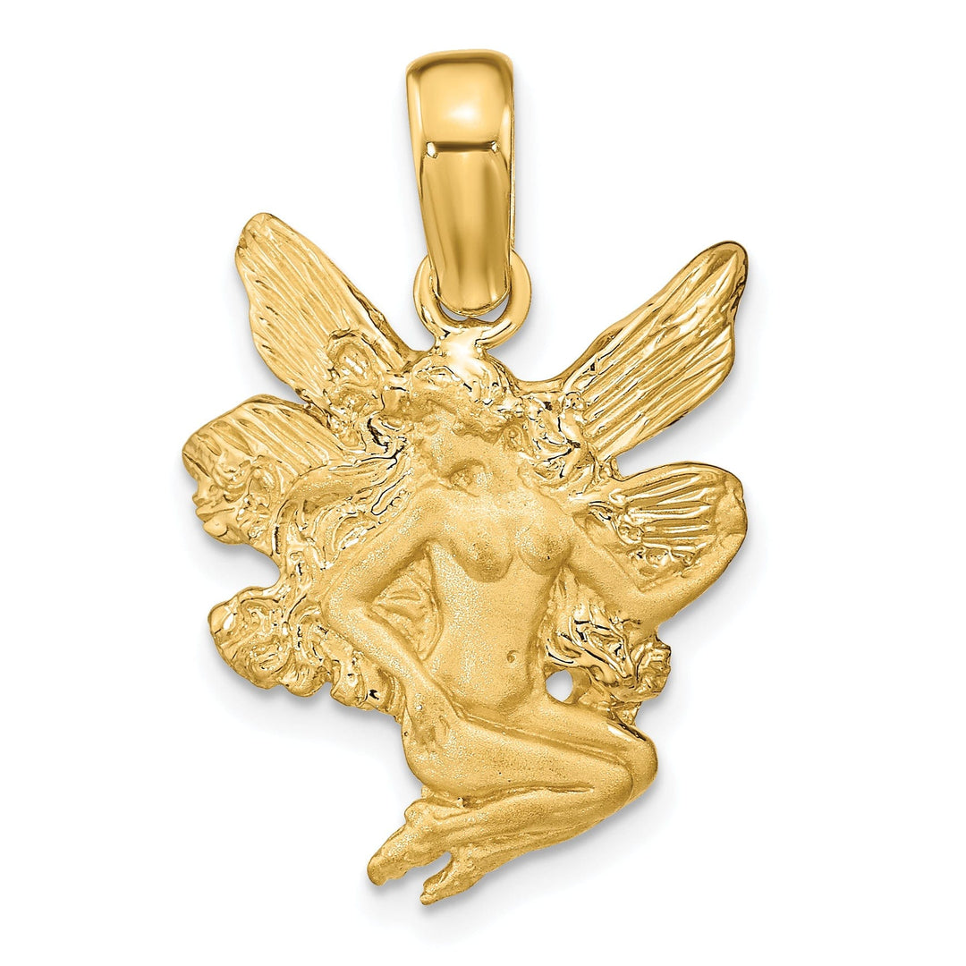 14k Yellow Gold Satin Polished Finish Fairy with Wings Design Charm Pendant