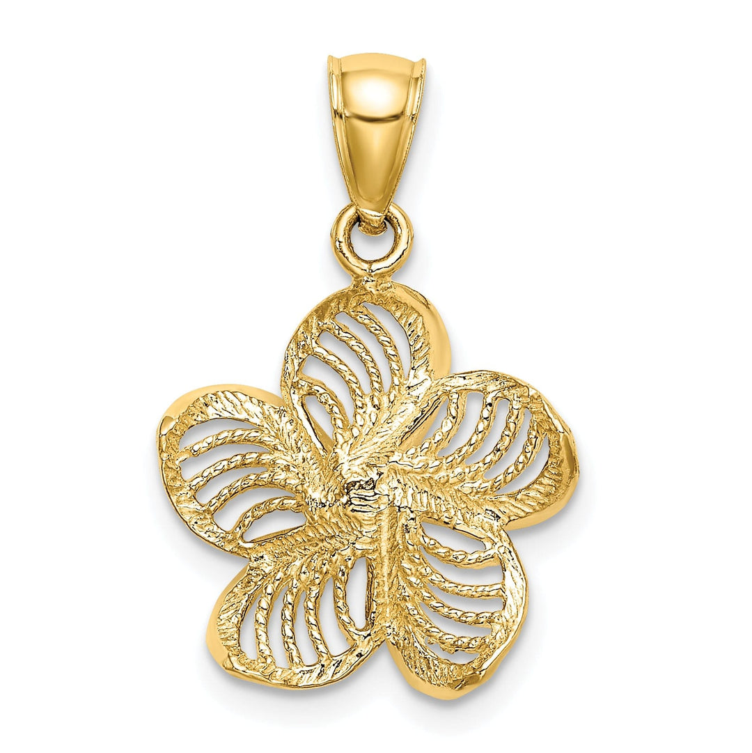 14k Yellow Gold Textured Back Solid Beaded Polished Finish Plumeria Flower Charm Pendant