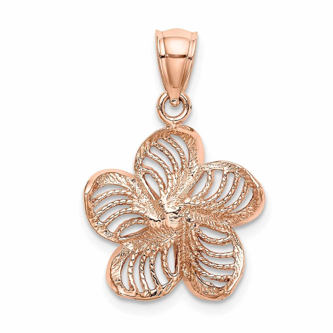 14k Rose Gold Textured Back Solid Beaded Polished Finish Plumeria Flower Charm Pendant