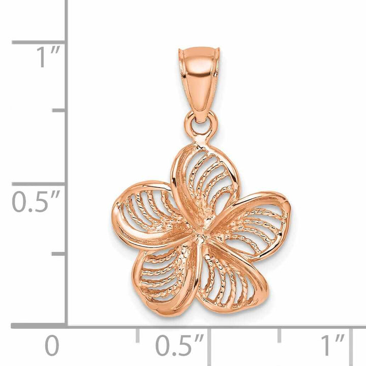 14k Rose Gold Textured Back Solid Beaded Polished Finish Plumeria Flower Charm Pendant