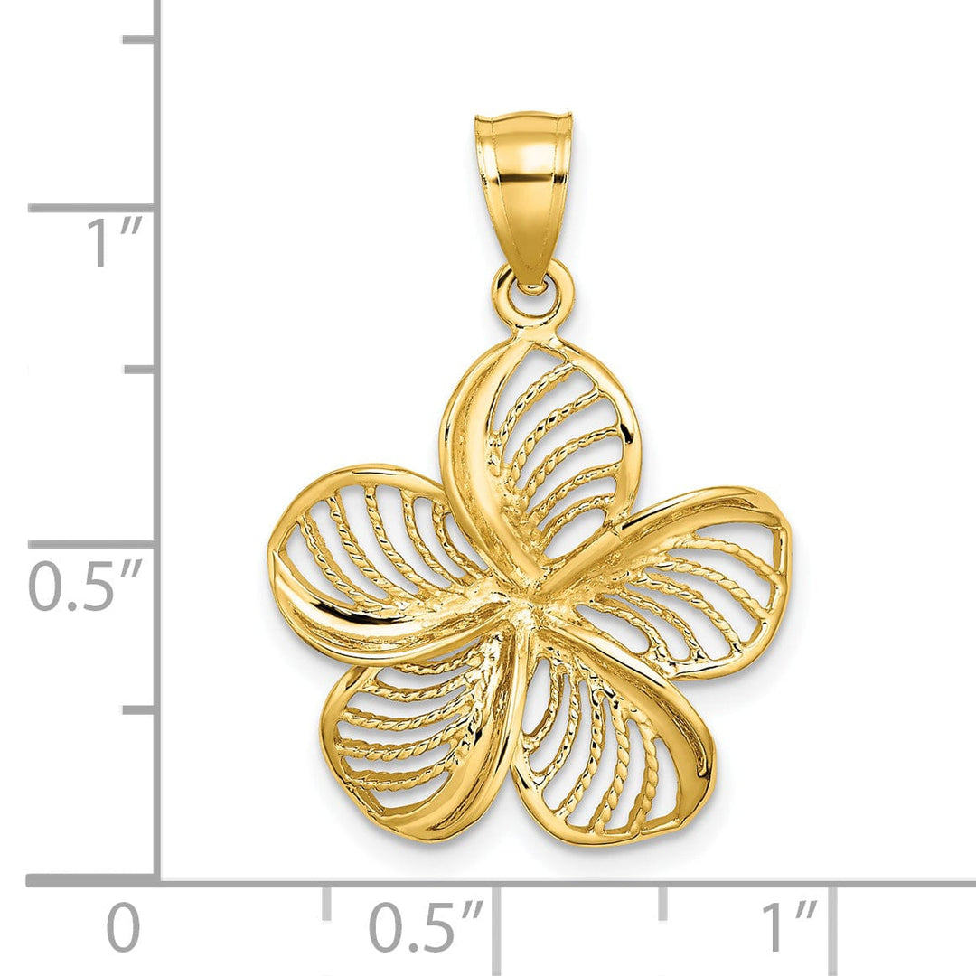 14k Yellow Gold Solid Polished Finish Textured Back Beaded Plumeria Flower Charm Pendant