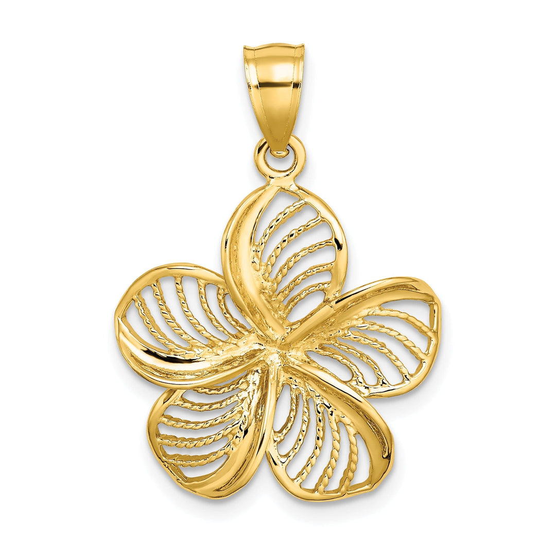 14k Yellow Gold Solid Polished Finish Textured Back Beaded Plumeria Flower Charm Pendant