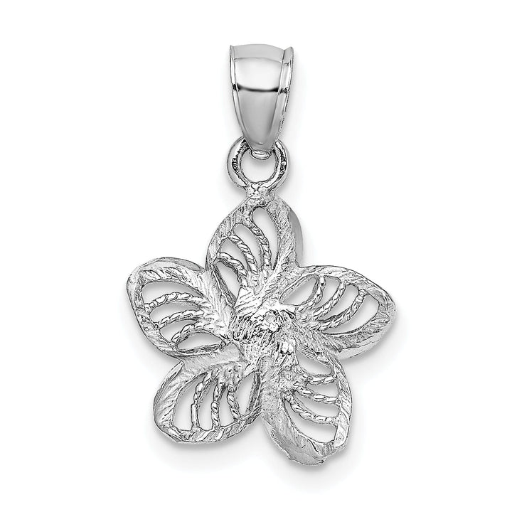 14k White Gold Textured Back Beaded Polished Finish Diamond-cut Plumeria Flower Charm Pendant