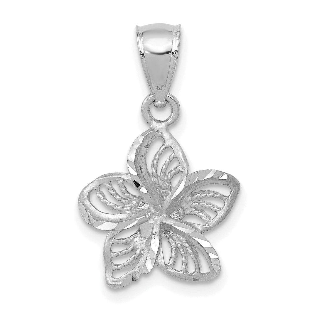 14k White Gold Textured Back Beaded Polished Finish Diamond-cut Plumeria Flower Charm Pendant