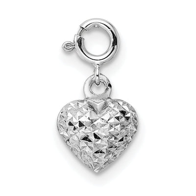 14K White Gold Hollow Diamond Cut Finish Women's 3-Dimensional Heart Design with Spring Ring Clasp Charm Pendant