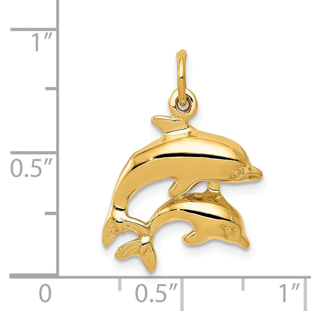 14k Yellow Gold Polished Finish Two Dolphins Design Charm Pendant