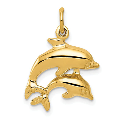 14k Yellow Gold Polished Finish Two Dolphins Design Charm Pendant
