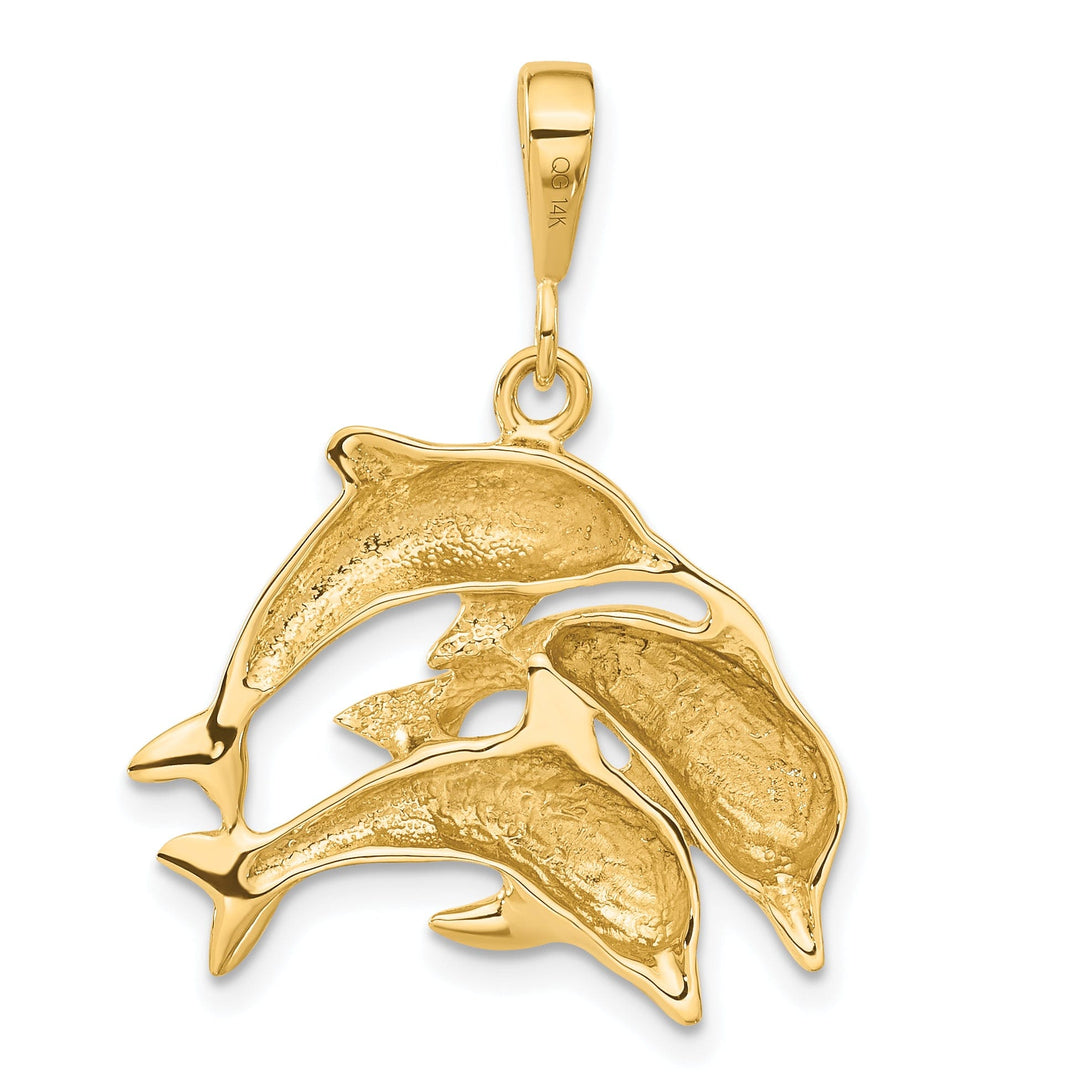 14k Yellow Gold Polished Finish There Dolphins Design Charm Pendant