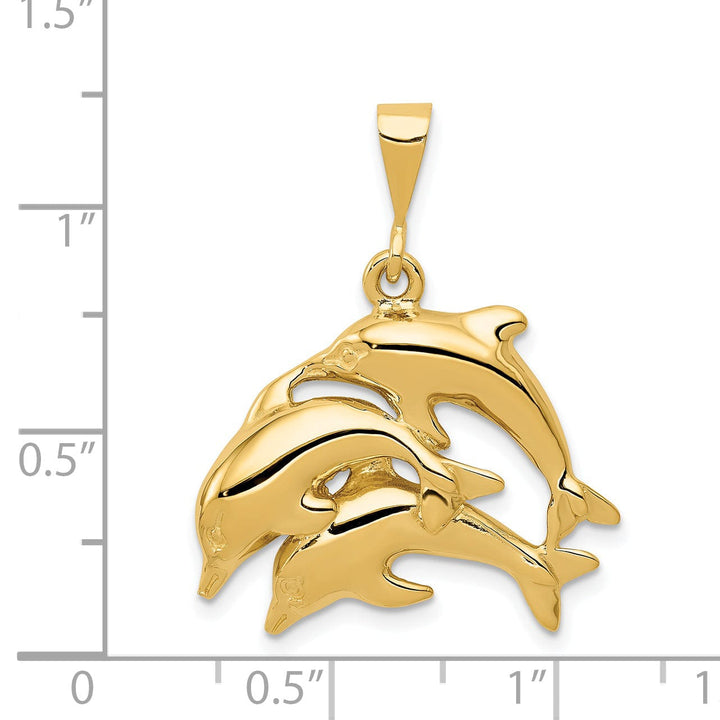 14k Yellow Gold Polished Finish There Dolphins Design Charm Pendant