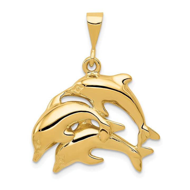 14k Yellow Gold Polished Finish There Dolphins Design Charm Pendant