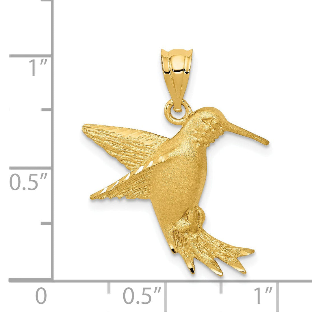 14k Yellow Gold Solid Brushed Finish Flying Hummingbird Design Charm Pendant