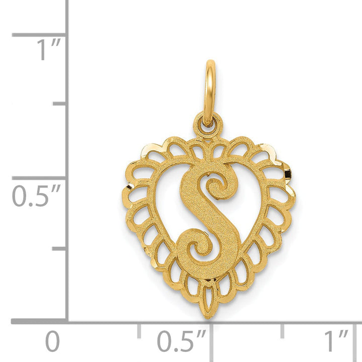 14k Yellow Gold Heart Shape Script Design Letter S Charm Pendant