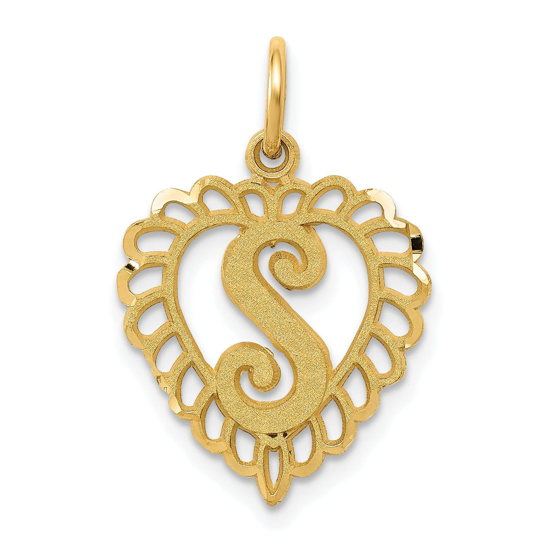 14k Yellow Gold Heart Shape Script Design Letter S Charm Pendant