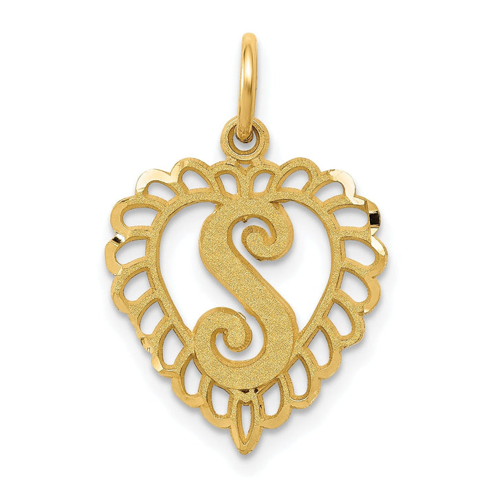 14k Yellow Gold Heart Shape Script Design Letter S Charm Pendant